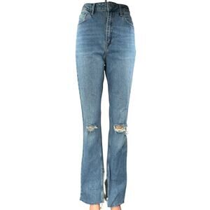 Zara Blue Distressed Frayed Hem High Waist Flared Bootcut Denim Jeans Pants 6